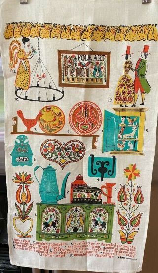 Vintage Nos Linen Tea Towel - Town And Country Folks Art - 12 Drawings 50 