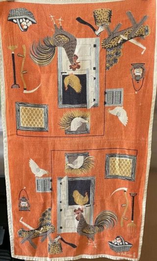 Vintage Linen Tea Towel - De Antonio/lois Long - Chicken Coop And Barn - Orange - 1950 