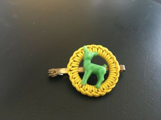Vintage 1950 Celluloid Brooch.  Green And Yellow.  Deer.  Basketweave Effect.