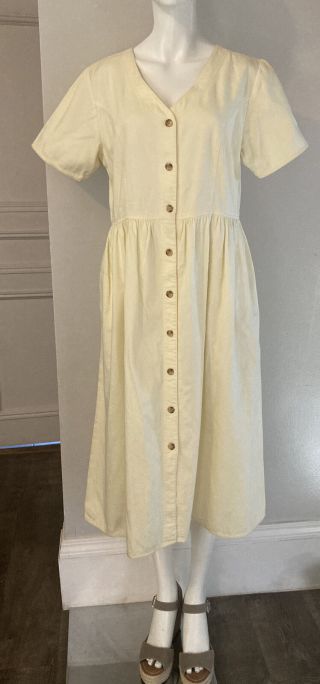 Vtg 80s 90sfads Yellow Short Sleeve Button Denim Dress Modest Size M 100 Cotton