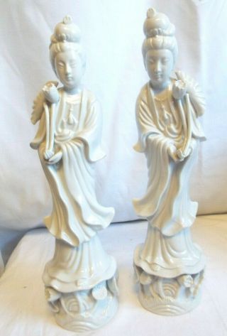 2 Vintage White Porcelain Statues Quan Yin Goddess With Flowers Lord & Taylor