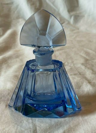 Lovely Vintage Art Deco Style Azure Blue Faceted Glass Perfume Bottle Unmarked