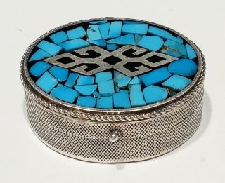 Vintage Sterling Silver Pill Box With Turquoise Inlay Marked 925