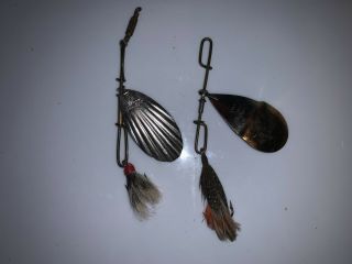 2 Vintage Fishing Spinnerbaits Lucky Strike 5 " L & W.  T.  J.  Low 7 4 " L Feathers