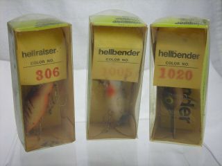 Three Vintage Whopper Stopper Hellbender Fishing Lures With Boxes