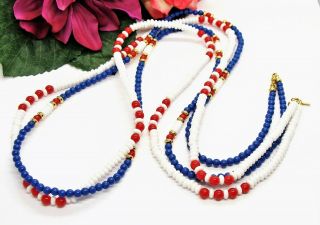 Patriotic 2 Vintage Monet Long Goldtone Red White & Blue Beads Necklaces