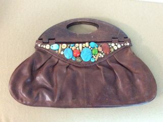 Vintage Leather Jewel Clutch With Solid Wood Handle