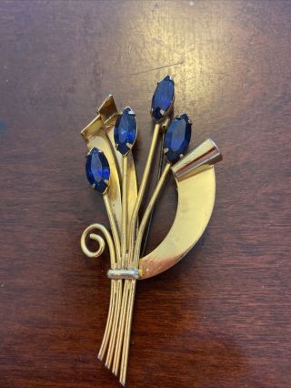 Vintage Coro Sterling Pin,  Sapphire Blue Stones - Floral Design W/curled Leaves