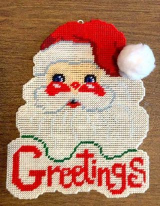 Vintage Plastic Canvas Santa Claus Decoration Needlepoint Christmas Greetings