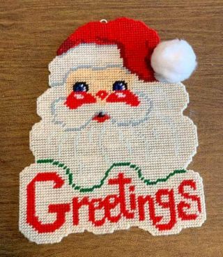 Vintage Plastic Canvas Santa Claus Decoration Needlepoint Christmas Greetings 2