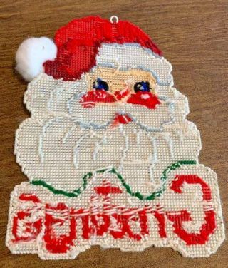 Vintage Plastic Canvas Santa Claus Decoration Needlepoint Christmas Greetings 3