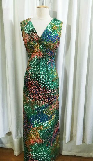 Vtg 60s Color & Gold Pop Art Dots Jewel Pin Bust 1960s Mod Slvless Maxi Dress M