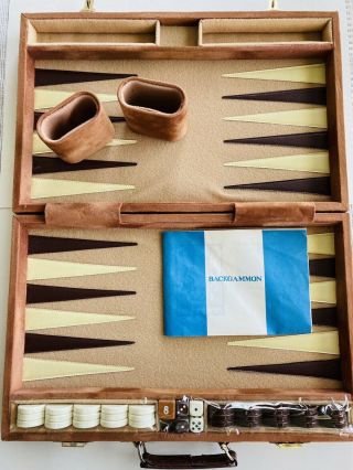 Vintage Backgammon Set In Brown Leather Suede/leather Brief Case Complete
