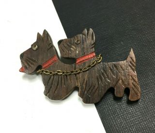 Vintage Old Brown Wood Carved Scottie Dogs Brooch Red Collar & Gold Chain Zz62e