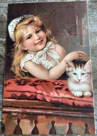 Vintage Postcard Girl Pets Cat Kitten Pfb Series 5563 Antique Embossed
