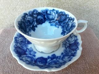 Vintage Blue & White Tea Cup And Saucer Cabbage Rose