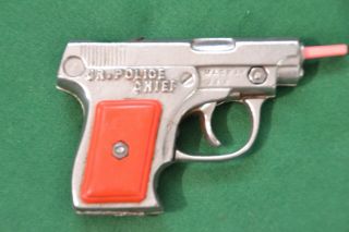 Antique Vintage Jr Police Chief Cast Iron Cap Gun Nickel Plated Orange Grip Toy
