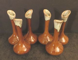 2 Vintage Van Briggle Pottery Triple Vases Brown Drip Matched Pair 7 "