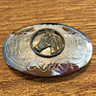 Vintage Vtg Silver Brass Tone Belt Buckle Horse Western Rodeo Ranch Cowboy Oval