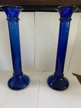 Vintage Cobalt Blue Glass Candlesticks Pair Candle Holders 12”