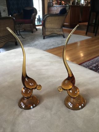 Two Vintage Viking Glass Amber Long Tailed Birds 9.  5 " Mcm