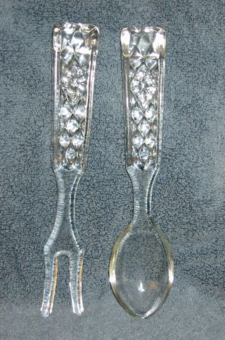 Exc Vtg Fostoria Salad Bowl Fork & Spoon Tongs Diamond Quilt Clear Crystal Glass