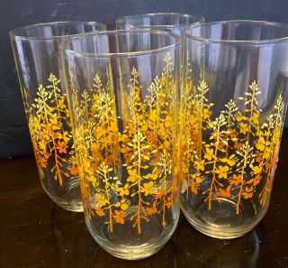 4 Vtg Tumbler Glass Set Orange Gold Yellow Ombre Wild Flower Floral 16 Oz 5 7/8 "