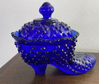 Vintage Fenton Cobalt Blue Hobnail Glass Shoe Candy Dish With Lid