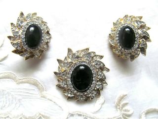 Vintage Butler Brooch And Clips Decorated With Black Stone And Clear Rhinestones