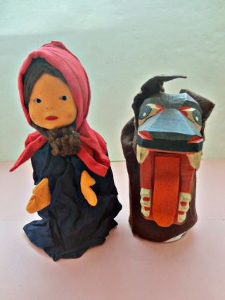 2 Vintage Antique Hand Puppets Little Red Riding Hood Wolf