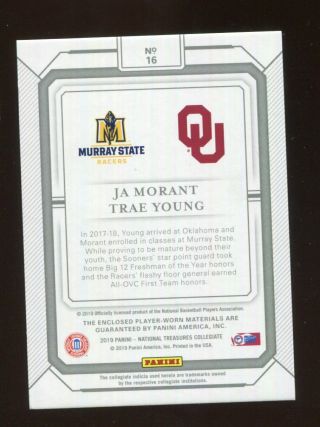 2019 Panini National Treasures Ja Morant Trae Young Dual Jersey Patch ' d 5/5 2