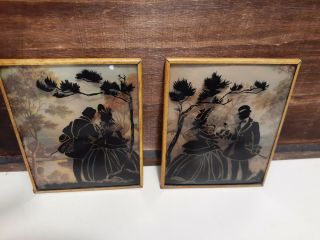 Vintage Pair (2) Reverse Painted Silhouette Pictures Convex Bubble Glass Framed