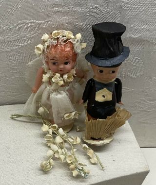 Vintage Bride & Groom Kewpie Doll Cake Toppers - 4.  5” Celluloid Dolls,  Jointed
