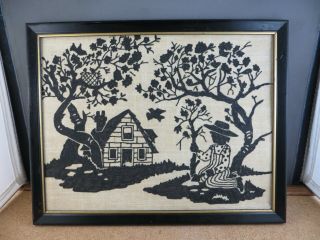 Vintage Black Silhouette Embroider Hand Sewn Cross Stitch Framed Art Garden 3