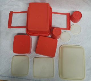 Vtg MCM Tupperware Red Paprika Pack N Carry Lunch Box w/Lid,  Handle,  Cups Keeper 2