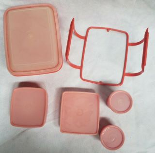 Vtg MCM Tupperware Red Paprika Pack N Carry Lunch Box w/Lid,  Handle,  Cups Keeper 3