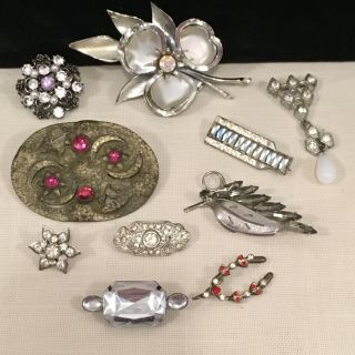 10 Vintage Costume Jewelry Brooches & Pins - Silver Tone,  Aurora Rhinestone Wmca