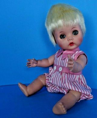 Vintage Vinyl Baby Doll 11” Drink & Wet Rooted Hair Sleepy Eyes Cute Romper