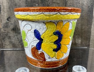Yellow Green Floral Hand Painted Ceramic Flower Pot Planter Made Italy Vintage