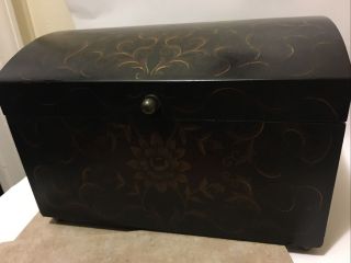 Antique Vintage Old Wooden Jewelry Box,  Case With Bronze Floral Design