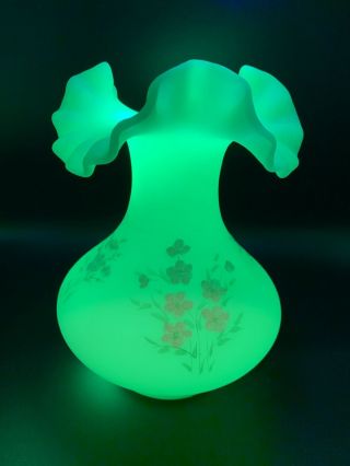 Vintage Fenton Custard Glass Ruffled Vase Hand Painted And Signed