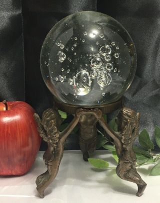 Vintage Crystal Ball With Brass Victorian Angel/ Cherub Stand Controlled Bubbles