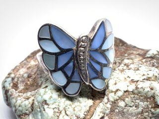 Vintage Nf 925 Sterling Silver Blue Shell Inlay Butterfly Ring (size 6.  5)
