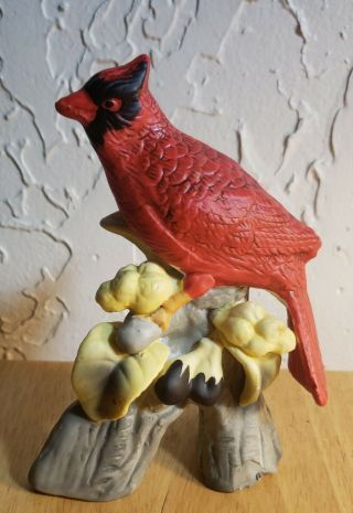 Vintage Porcelain Cardinal Red Bird On Branch With Flowers