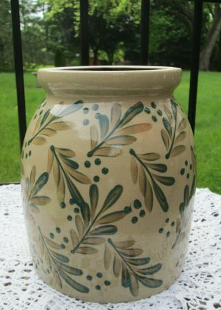 Vintage Large Beaumont Brothers Ohio Pottery Jar Crock Green Leaves Signed Bbp