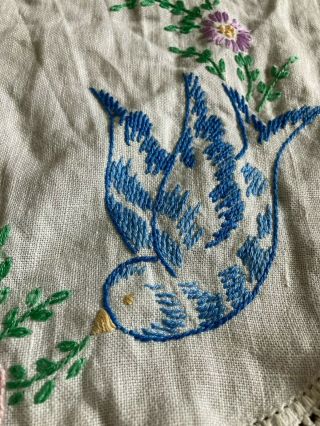 Vintage Embroidered Blue Bird Table Runner