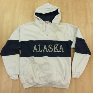 Vtg Usa Made 1/4 Zip Hoodie Sweatshirt Large Alaska Colorblock Tourist 80s 90s