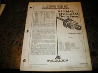 Mcculloch Pro Mac 610,  650,  Chainsaw,  Illustrated Parts List,  Vintage Chainsaw Y5
