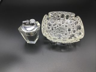 Vintage Mid Century Bubble Clear Art Glass Ashtray And Lighter.  Retro