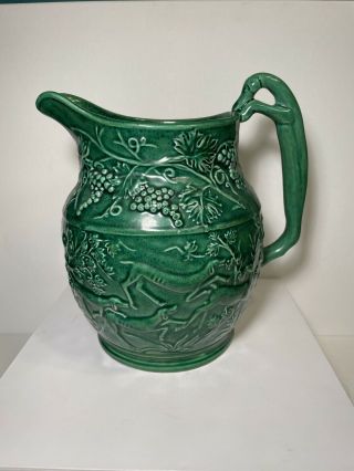 Vintage Italian Ceramic Pitcher With Hound - Dog Handle Hunting Stag Green Color